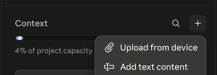 Claude project Context panel: click the plus button, then choose Add text content